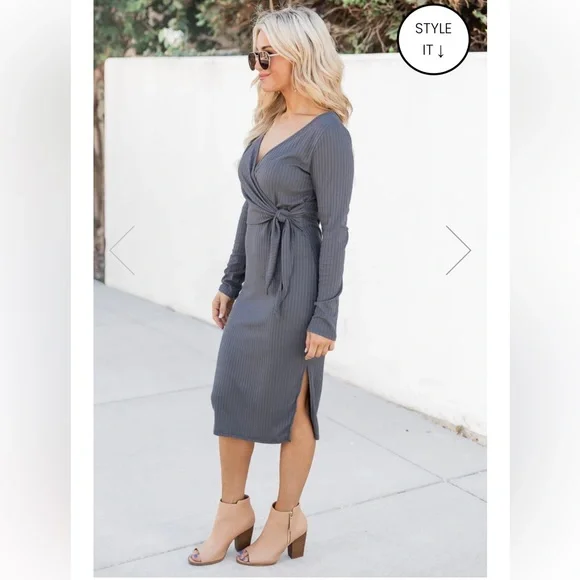 Pink Lily Ribbed Midi Grey Dress - Picture 4 of 12